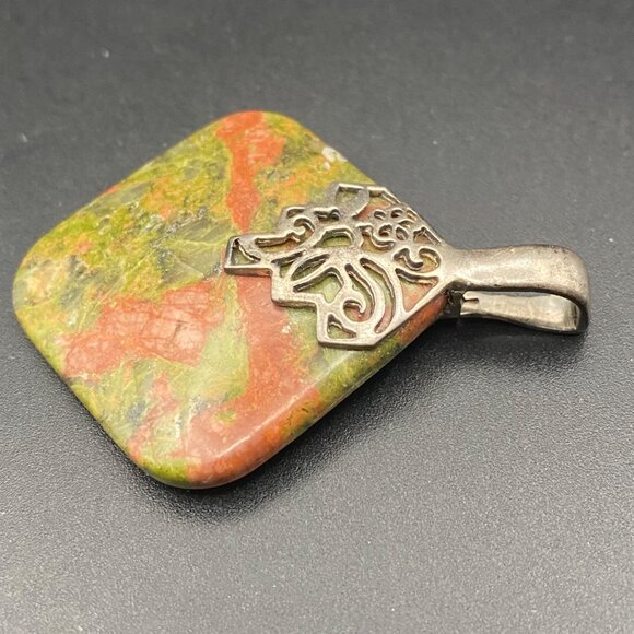 Natural Unakite Jasper Stone 925 Ster Silver Pendant Floral Enhancer Filigree - Picture 4 of 9